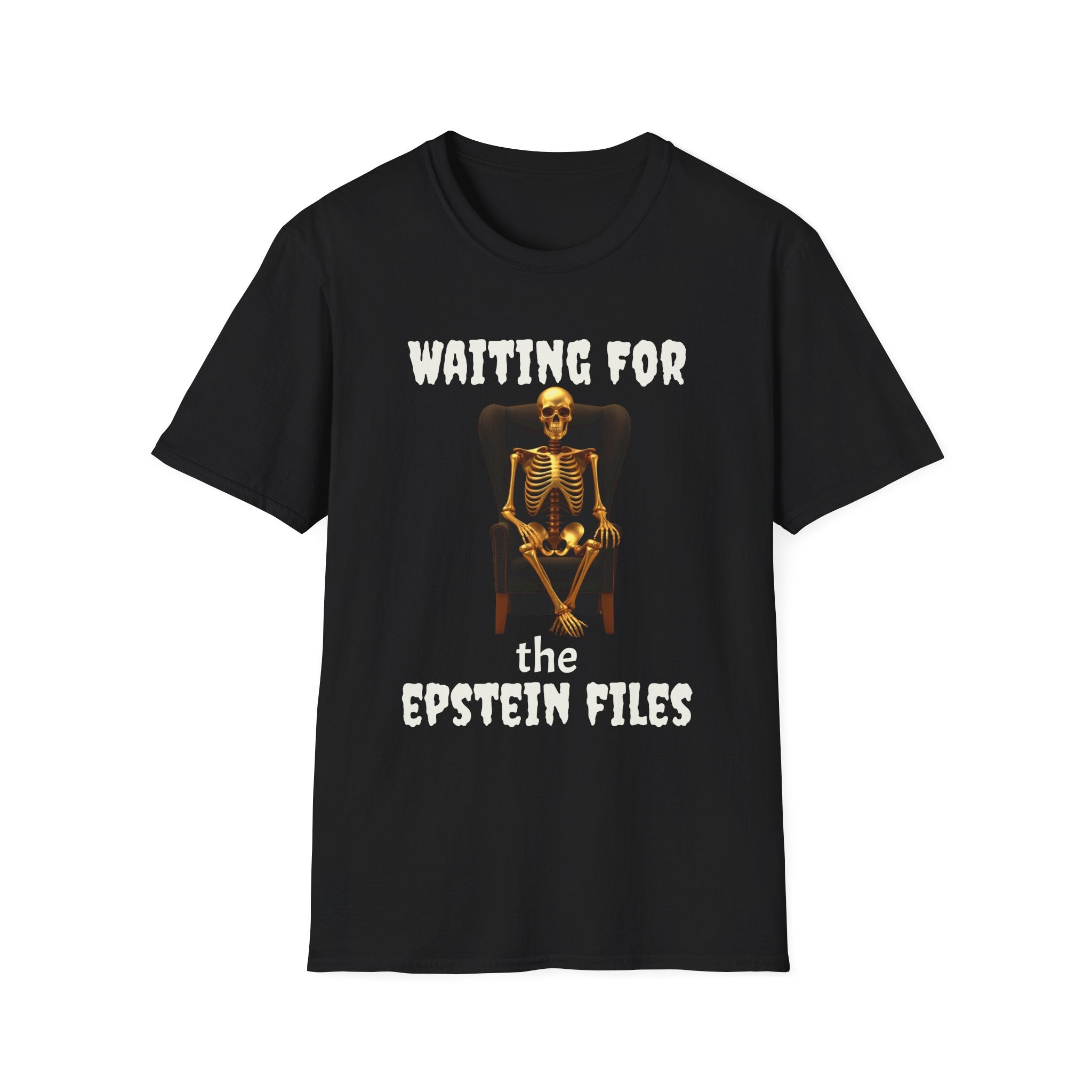 Skeleton on Throne Tee — “Waiting for the Epstein Files” Graphic T-Shirt