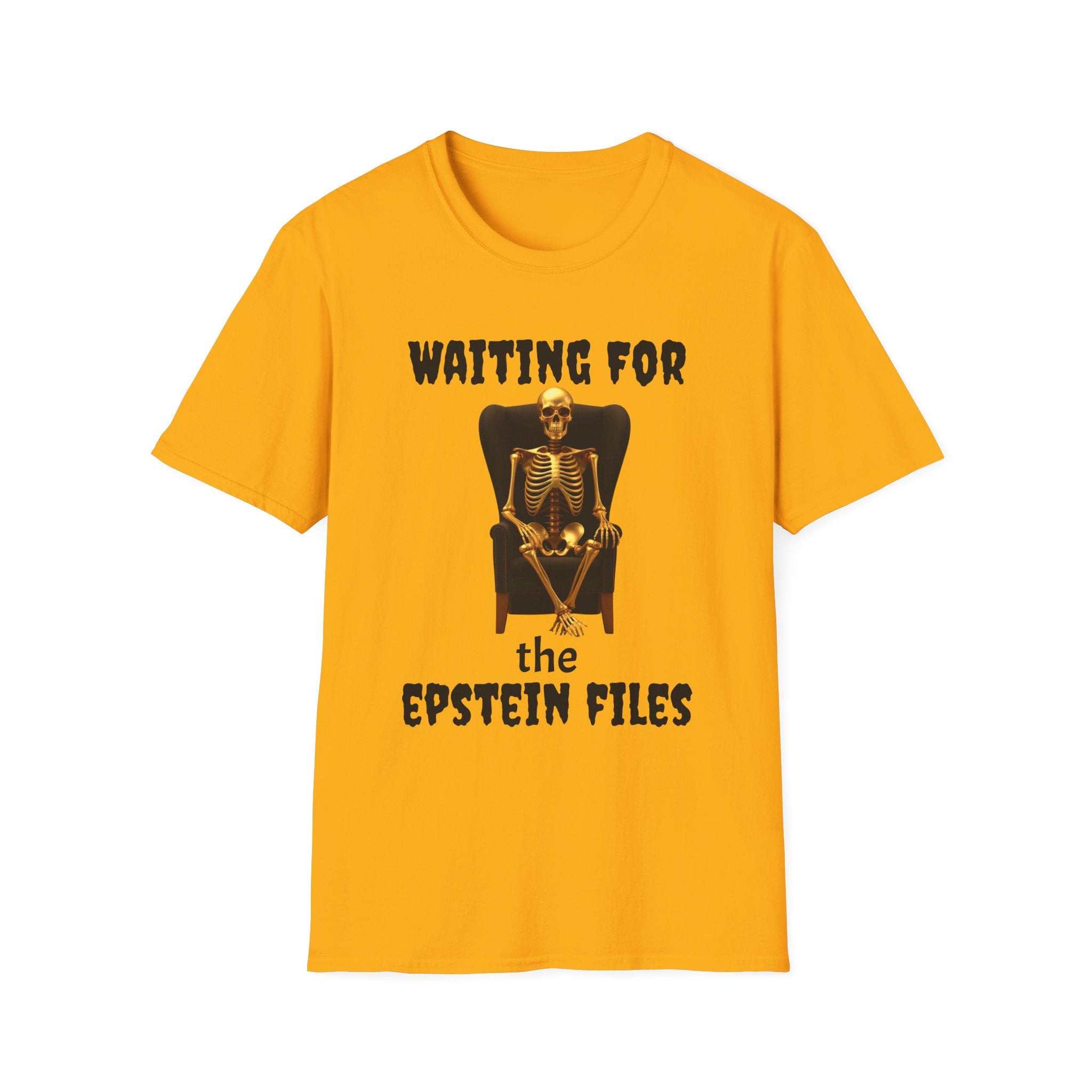 Skeleton on Throne Tee — “Waiting for the Epstein Files” Graphic T-Shirt