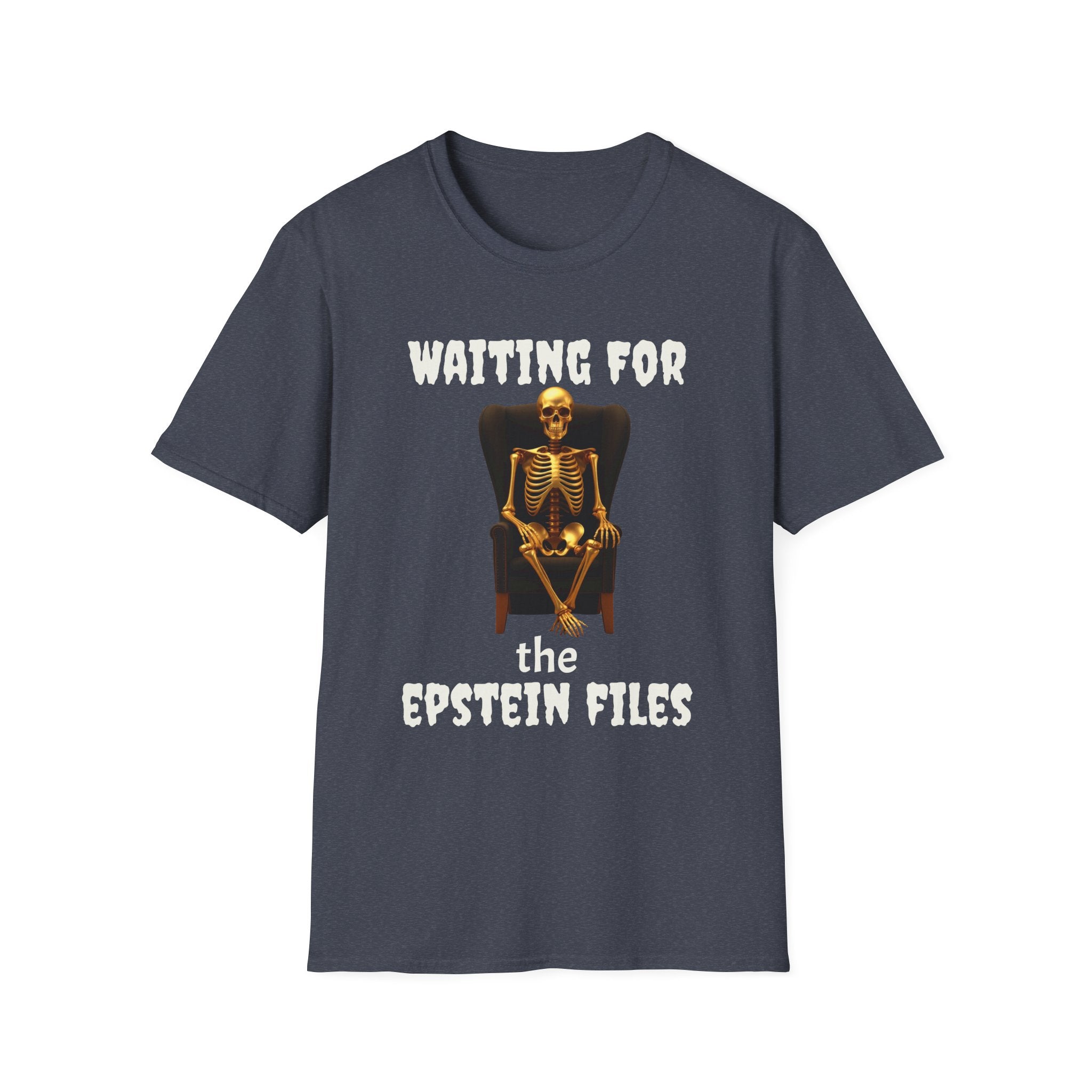 Skeleton on Throne Tee — “Waiting for the Epstein Files” Graphic T-Shirt