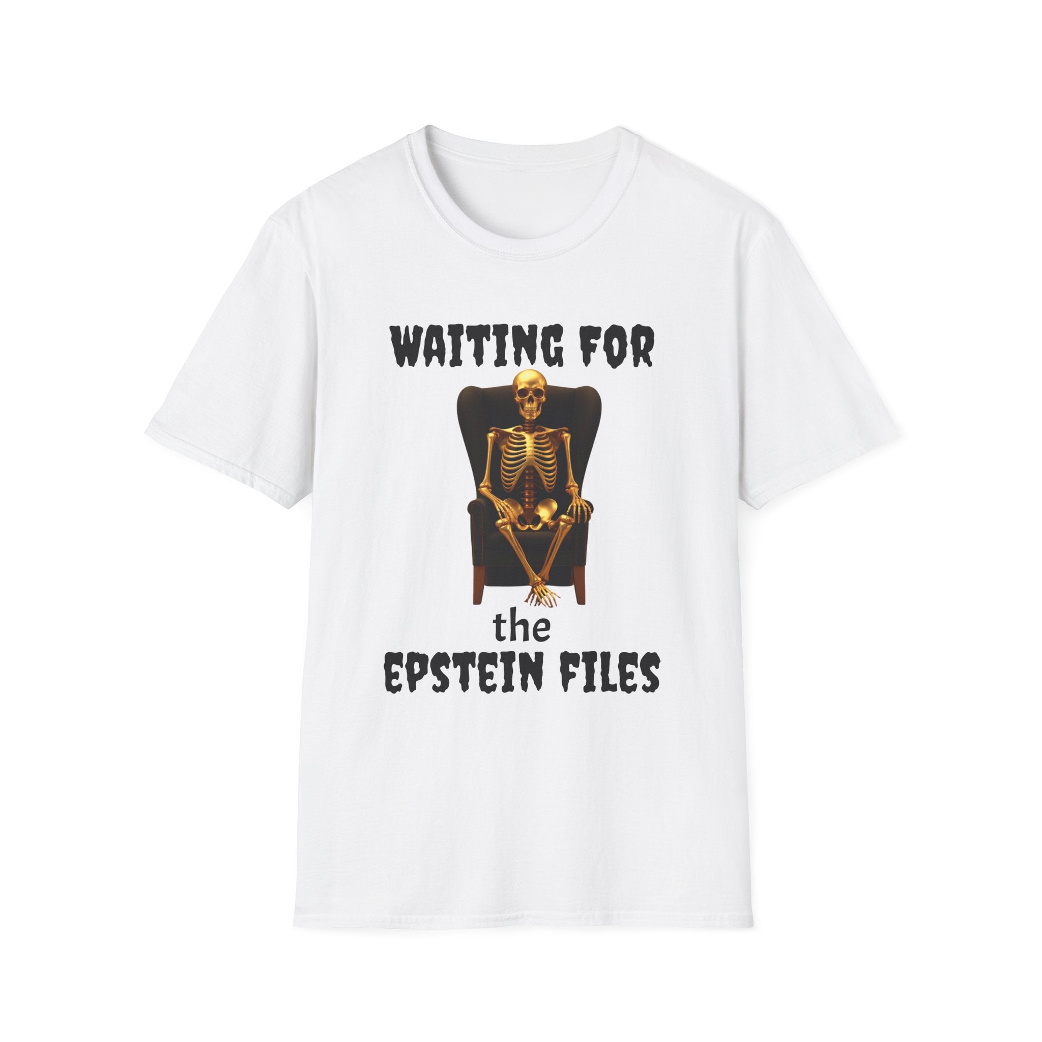 Skeleton on Throne Tee — “Waiting for the Epstein Files” Graphic T-Shirt