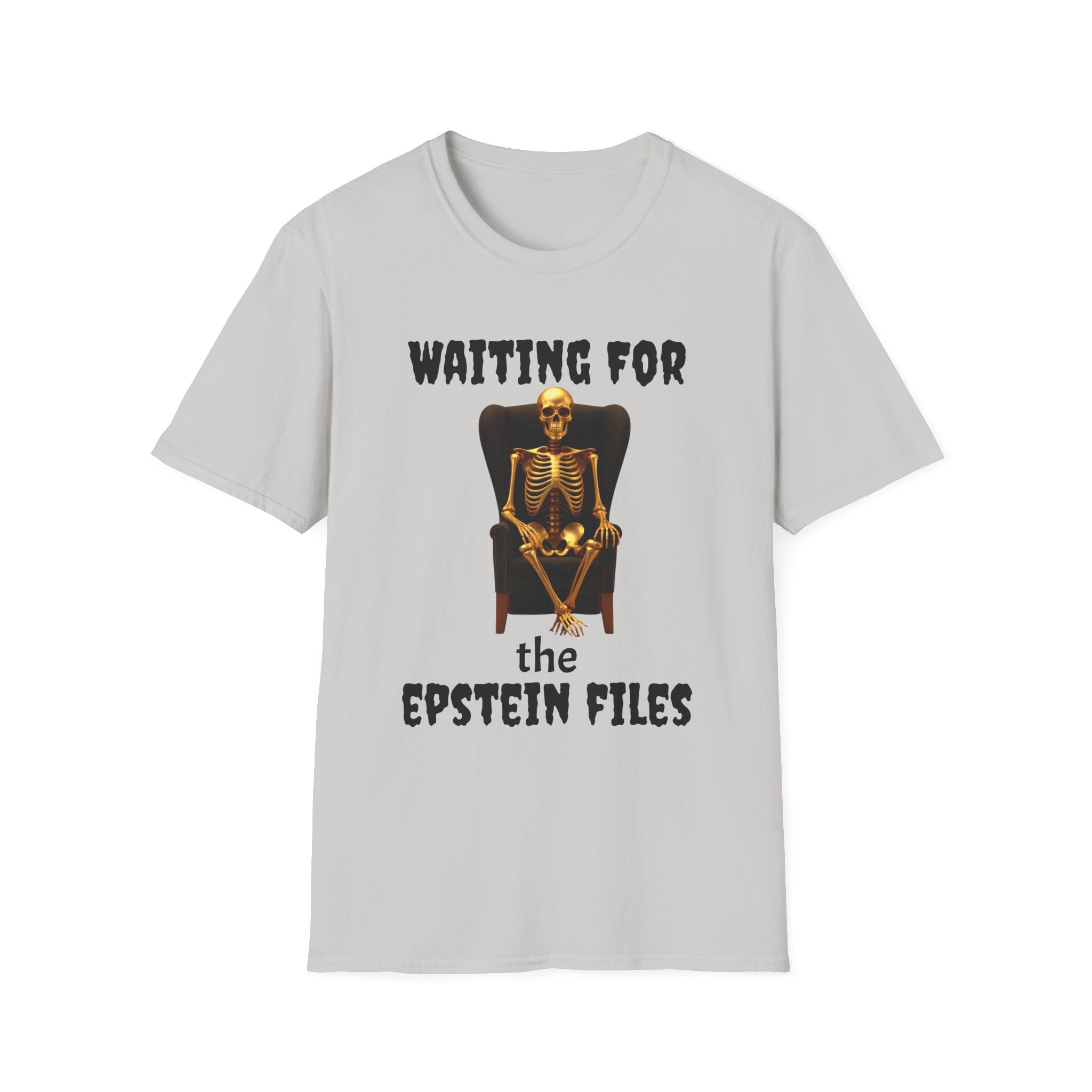 Skeleton on Throne Tee — “Waiting for the Epstein Files” Graphic T-Shirt