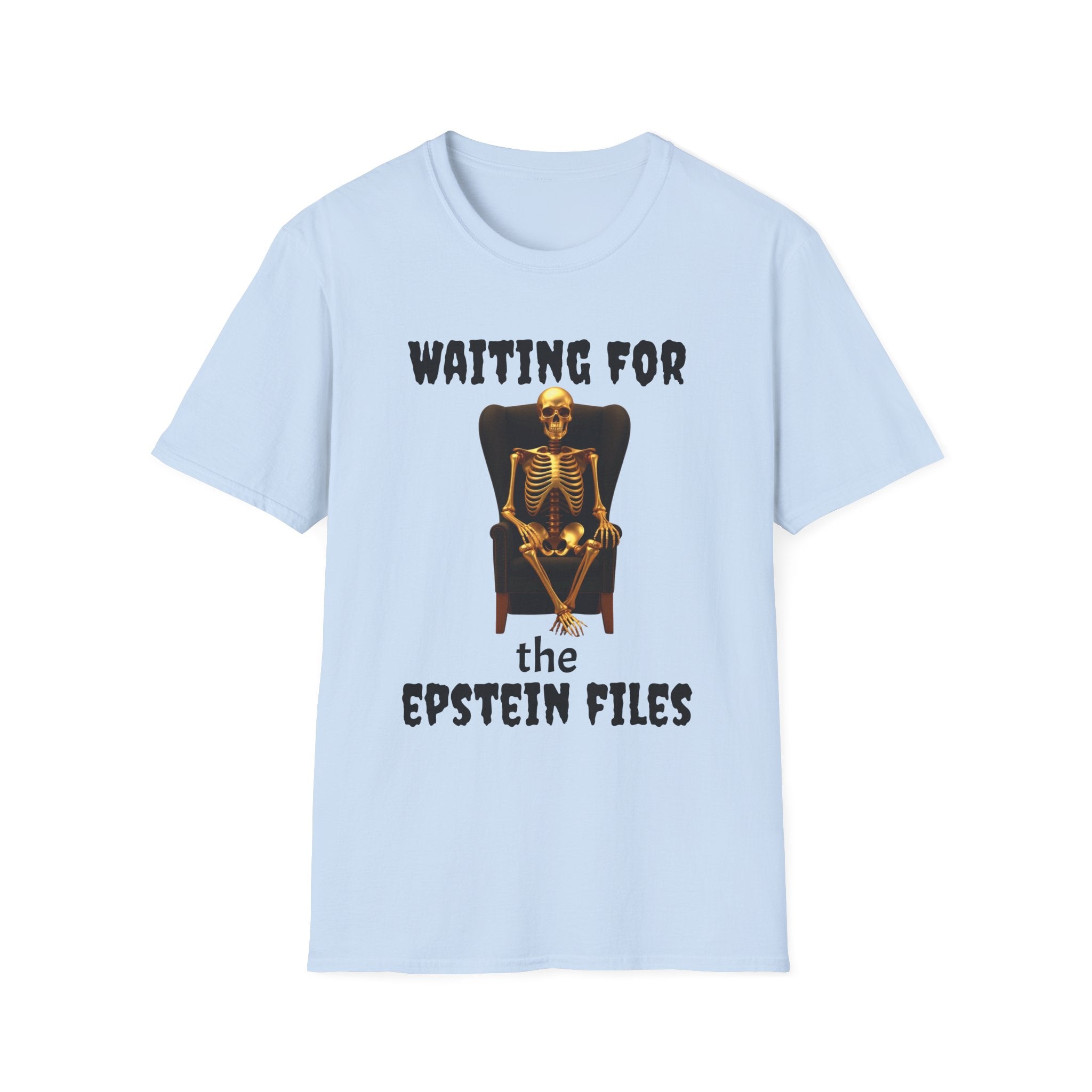 Skeleton on Throne Tee — “Waiting for the Epstein Files” Graphic T-Shirt