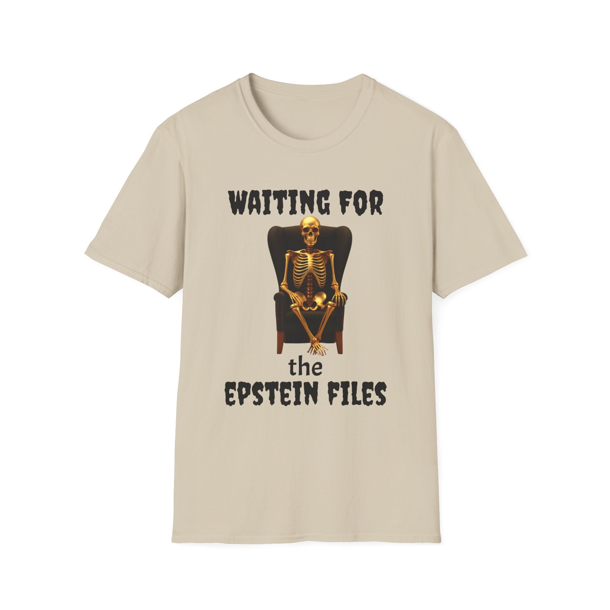 Skeleton on Throne Tee — “Waiting for the Epstein Files” Graphic T-Shirt