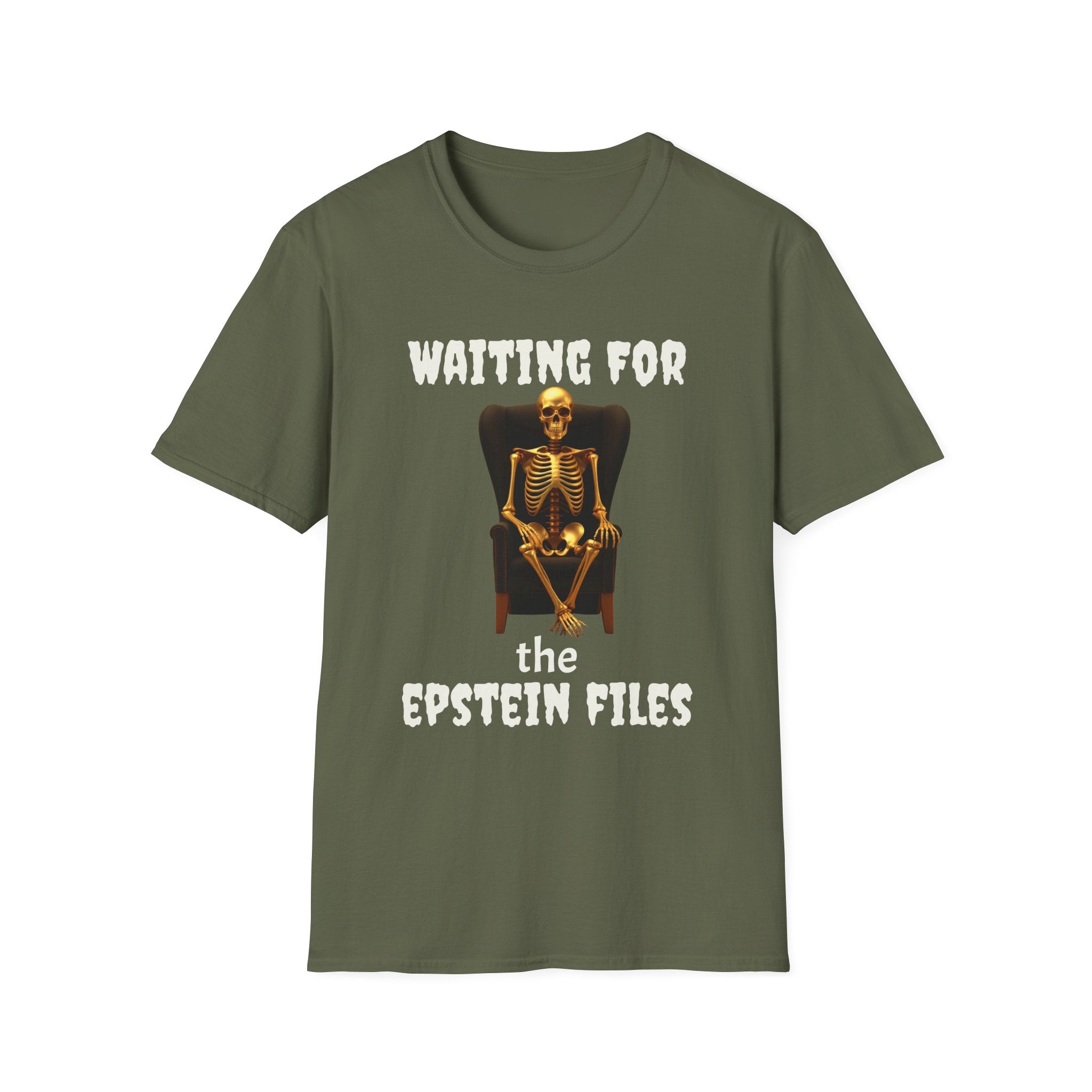 Skeleton on Throne Tee — “Waiting for the Epstein Files” Graphic T-Shirt