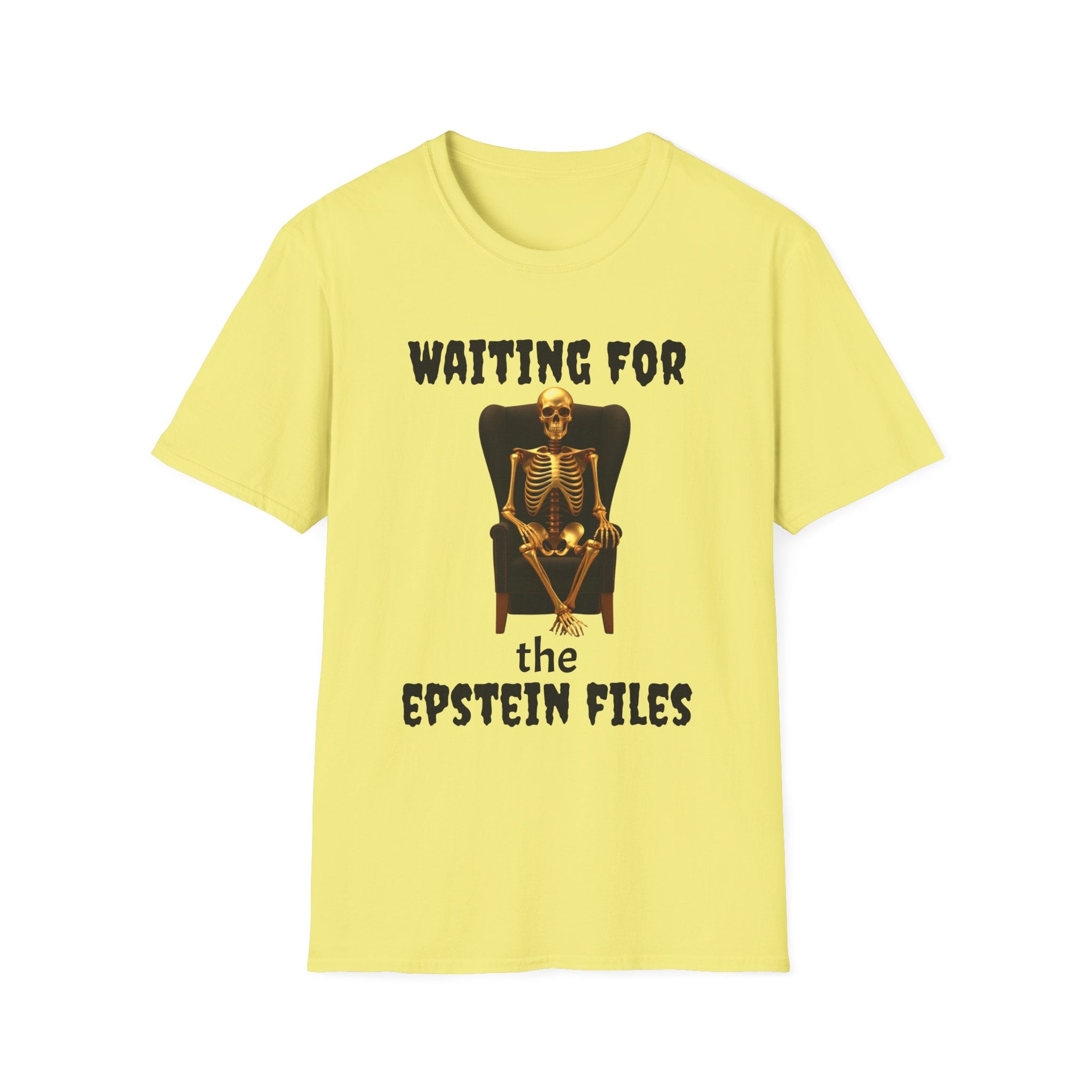Skeleton on Throne Tee — “Waiting for the Epstein Files” Graphic T-Shirt