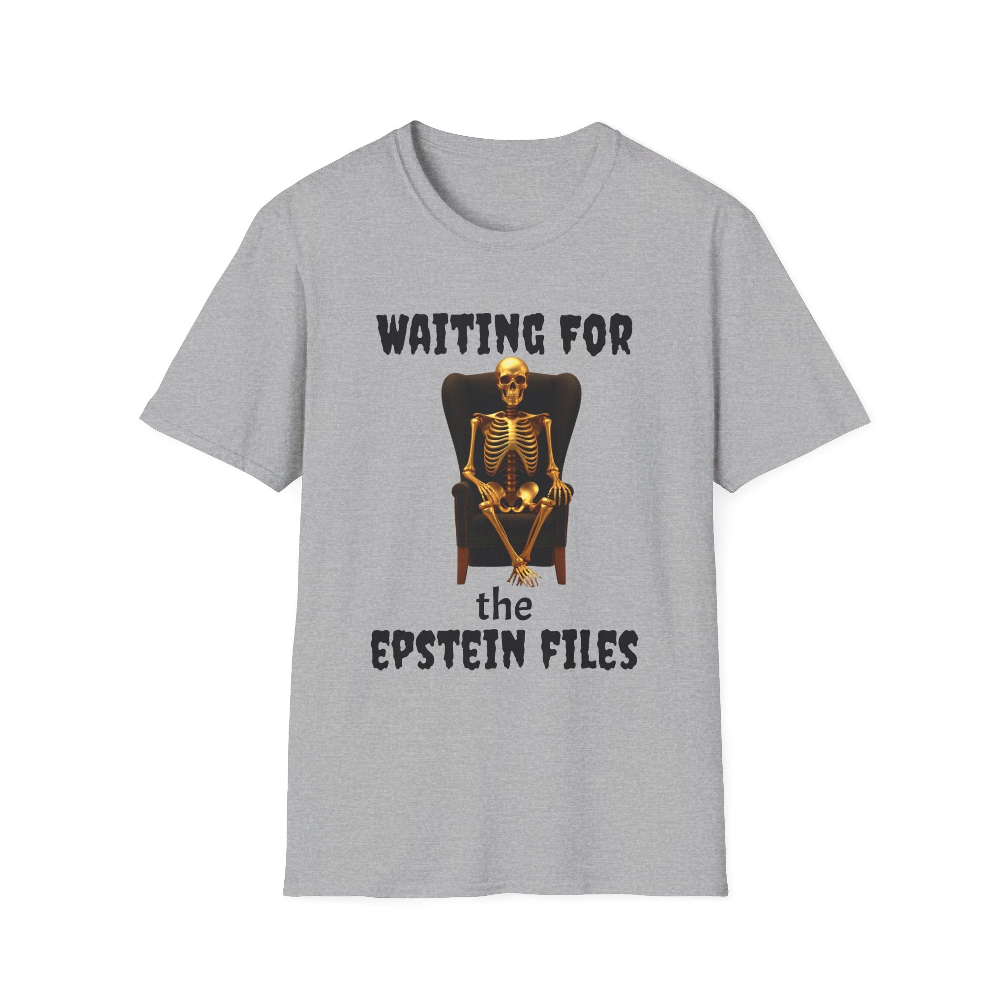 Skeleton on Throne Tee — “Waiting for the Epstein Files” Graphic T-Shirt